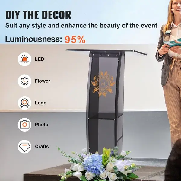 منصة أكريليك VEVOR، حامل من الأكريليك مقاس 47 بوصة مع سطح قراءة عريض ورف تخزين، منابر شفافة قائمة على الأرض من الأكريليك