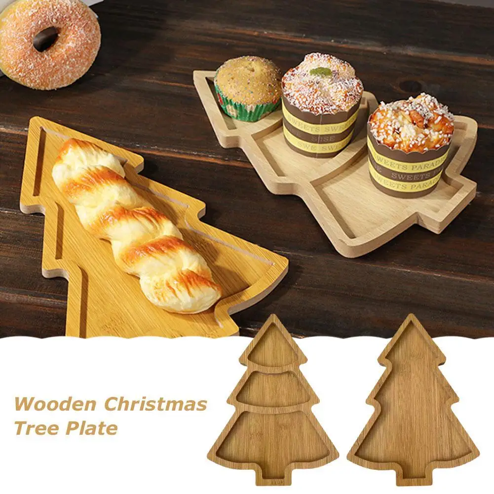 Christmas Tree Service Plate Wooden Dining Plate Salad Dish Cartoon Tableware Fruit Tray Ideal for Home Parties Picnics Holiday