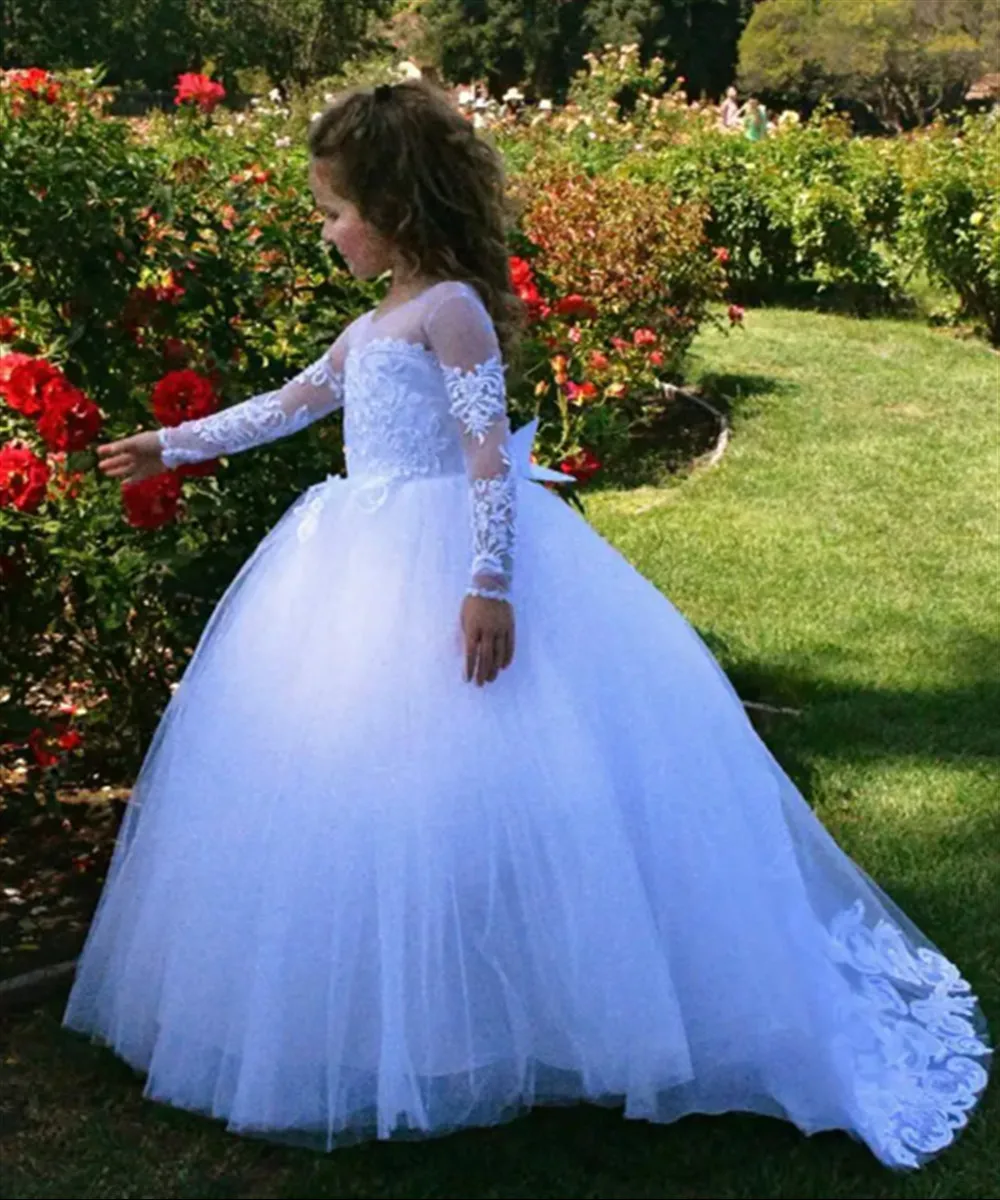 

Elegant Flower Girl Wedding Dress Appliques Bow Full Sleeves Beaded Puffy Kids Birthday Party Prom Pageant Holy Communion Gown