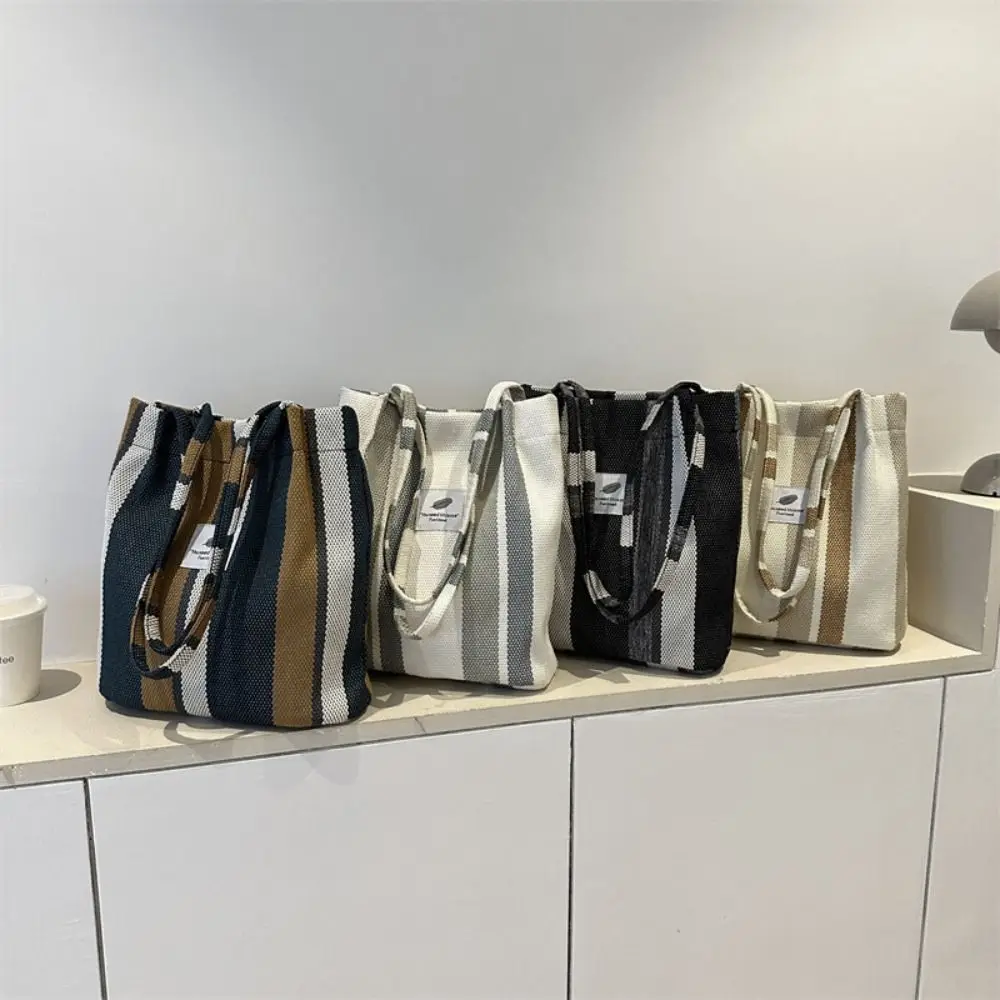 Canvas Canvas Shoulder Bag Fashion Striped Black Blue Khaki Grey Large Underarm Bag Big Capacity Canvas Tote Bag Picnic