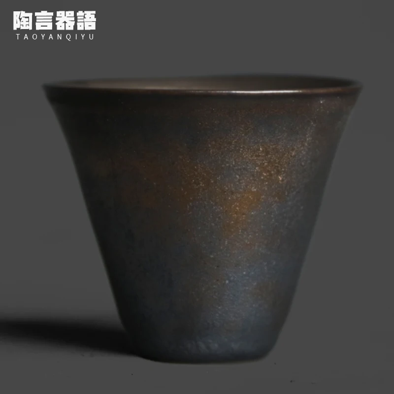 Kiln change black gold wide mouth teacup retro rough pottery material kung fu tea ceremony home drinking tea single cup