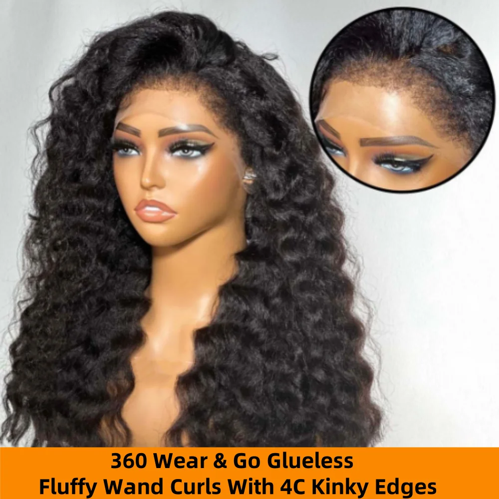 Glueless Fluffy Wand Curls Human Hair Wig With 4C Kinky Edges 360 Wear To Go Lace Curly Wig For Black Women Brazilian Remy Sale