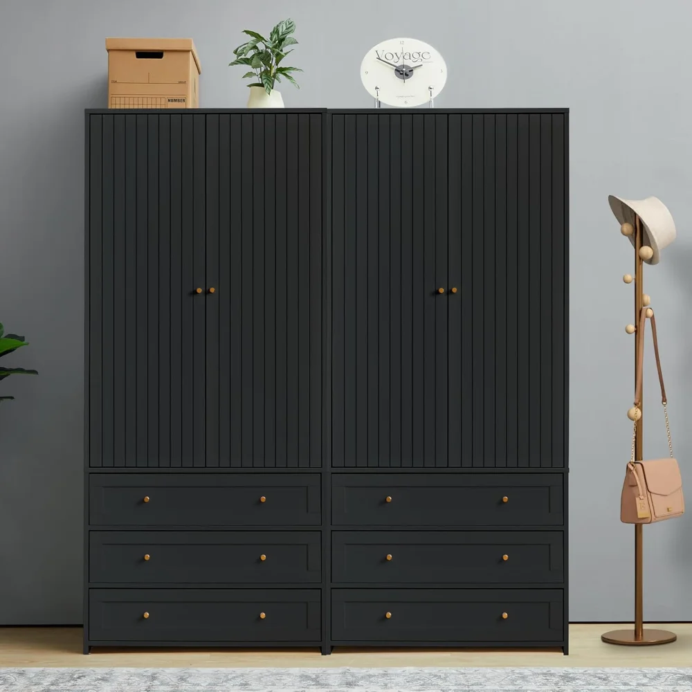 

Armoire Wardrobe Closet with 4 Doors and 6 Drawers, 70.87" Tall Wooden Clothes Closet Wardrobe Cabinet