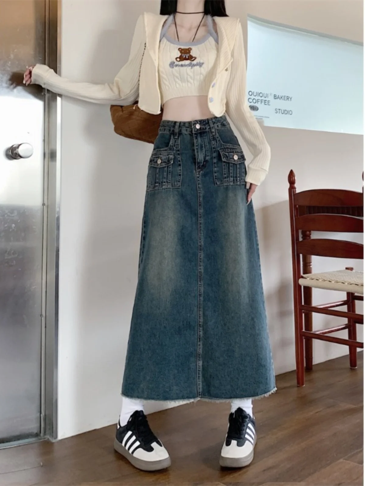 Design Sensation Mid-Length A-Line Denim Skirt Straight Cut Slimming for Pear Shaped plus Size Women High Waist Korean Style