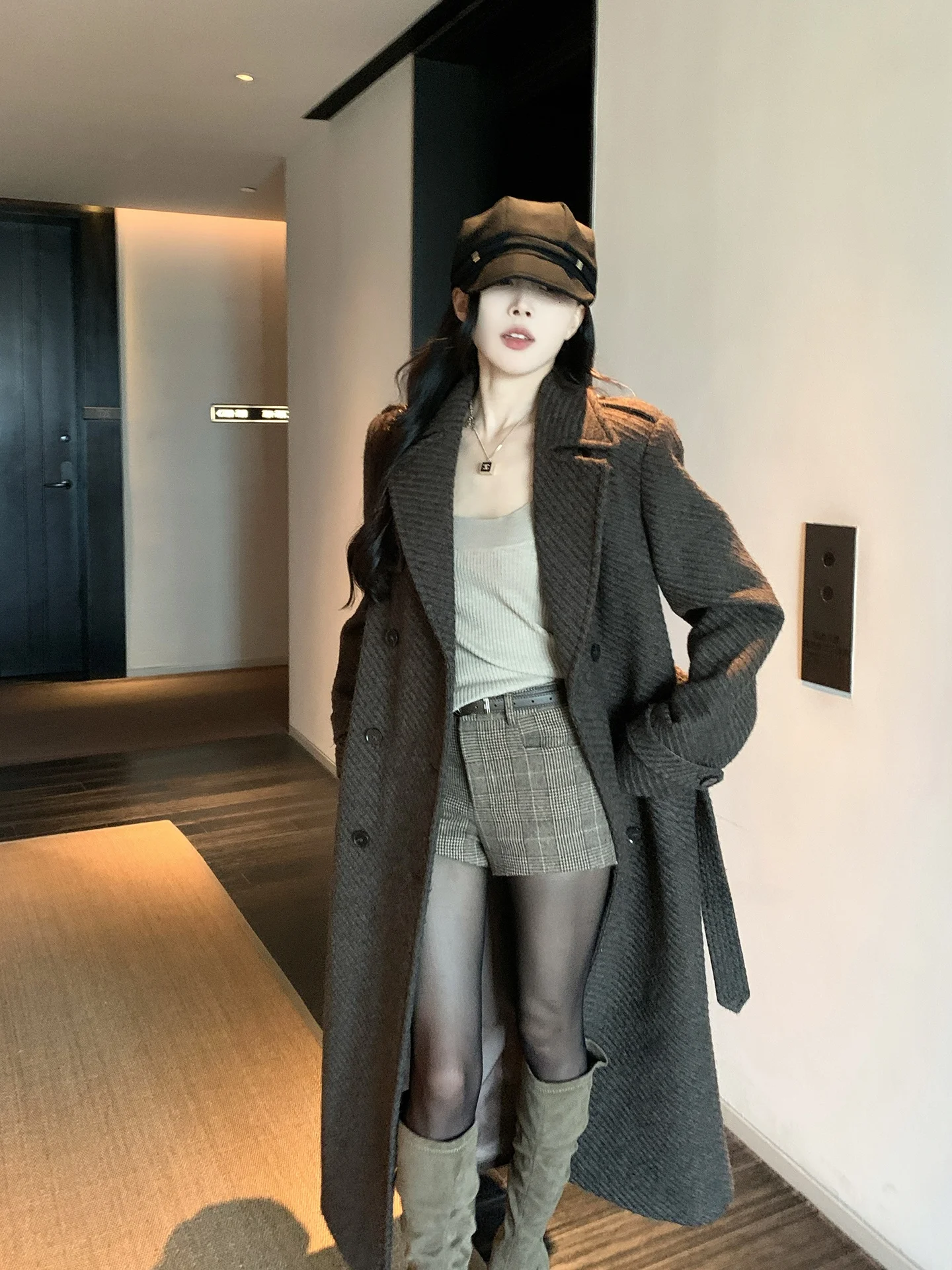 

Brown Tweed Texture Double Breasted Long Waist Cinched Coat by He Chenxi Autumn Winter Sle Vintage Commute Loose Fit Outerwear
