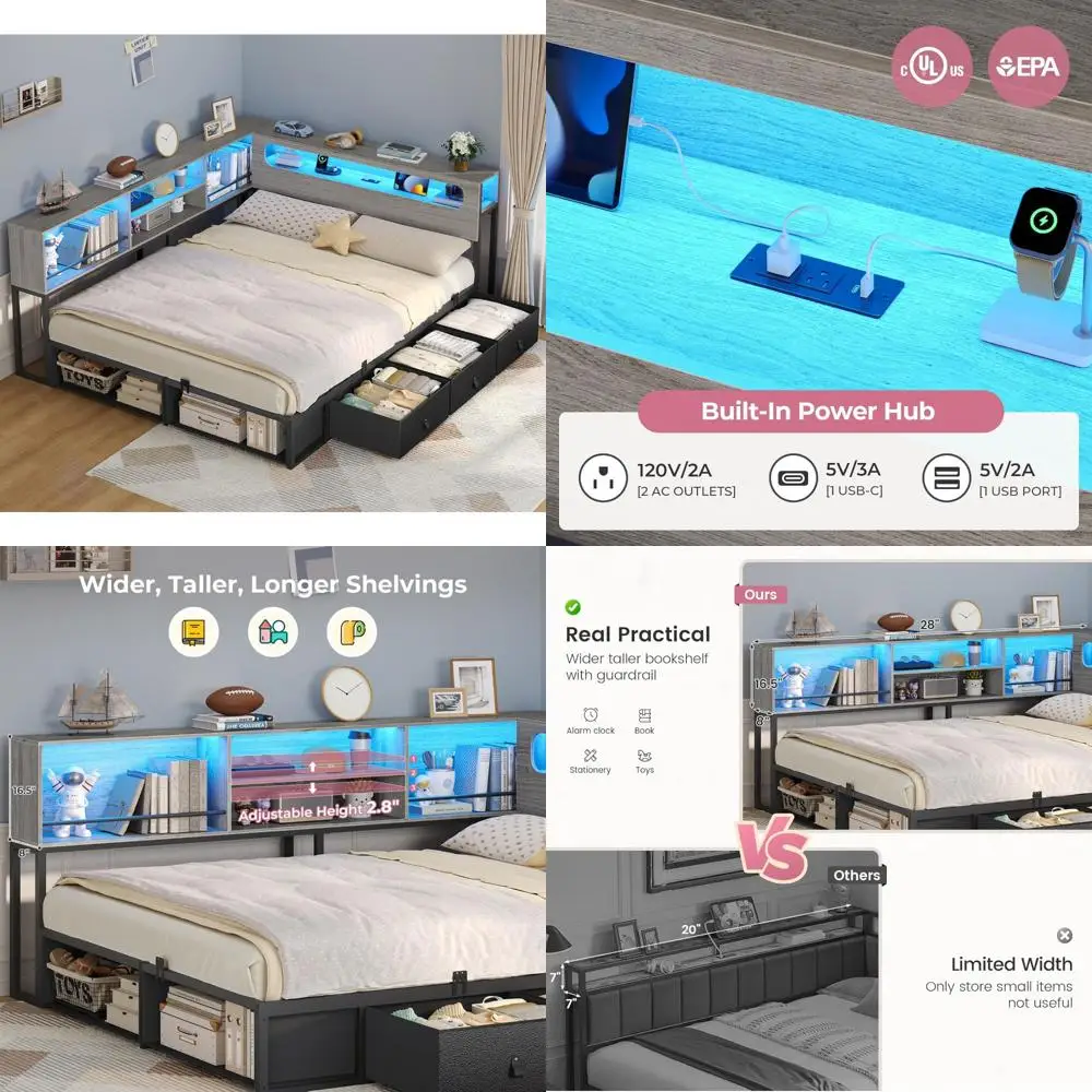 Полноразмерный угловой каркас кровати с местом для хранения книжного шкафа, RGB-подсветкой, зарядной станцией, металлической кушеткой, 3 ящиками и 2 открытыми полками