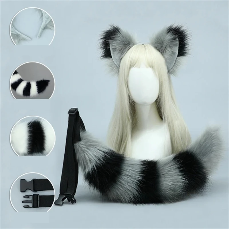 ZOETOPKID 2Pcs Set Furry Animal Raccoon Cat Tail Fur Plush Fox Ears Headband Props Halloween Cosplay Costume Accessories