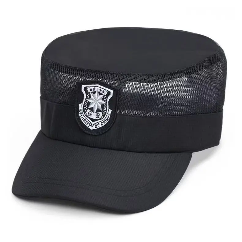 Summer Breathable Mesh Security Cap, Black Flat Top Adjustable Duty Hat, Property Guard Security Work Hat