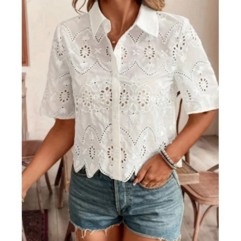 Camisa elegante blanca para mujer, camisetas de manga corta con huecos y flores a la moda, camisetas informales de oficina para mujer, camisetas de verano para mujer
