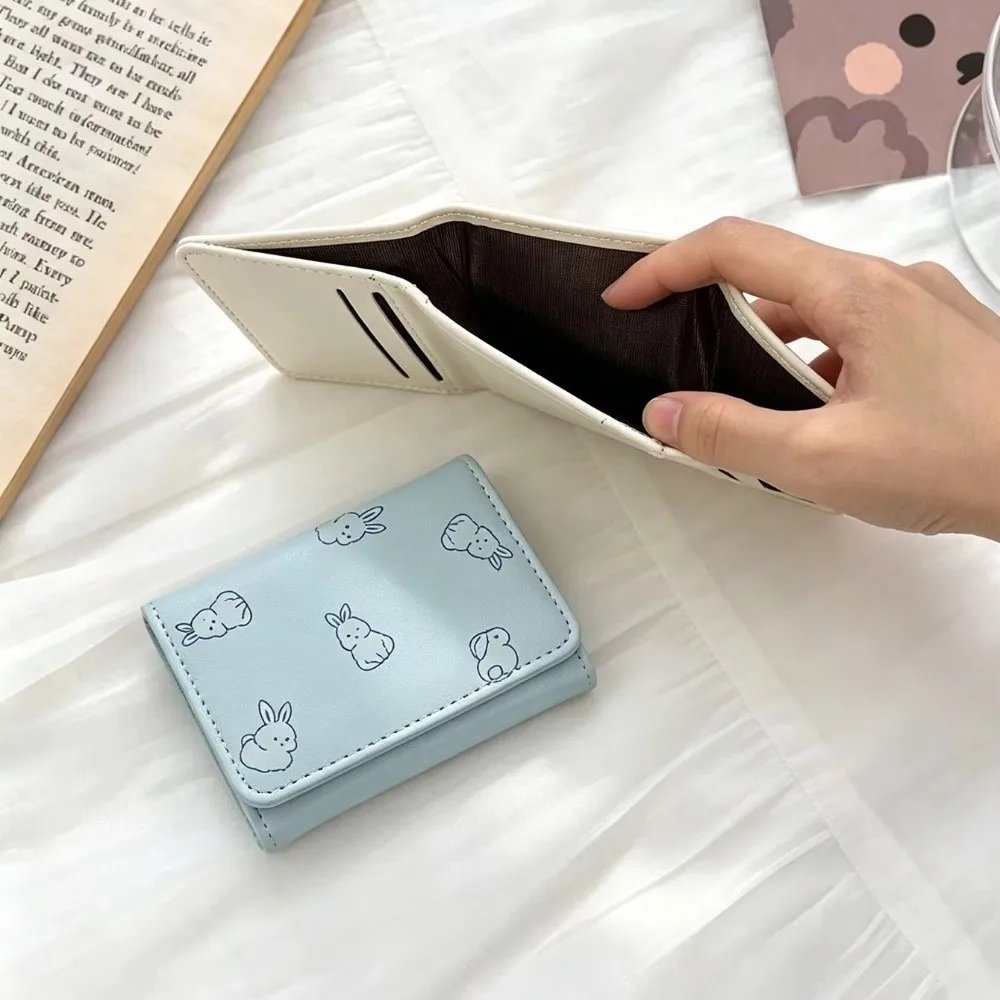 Trifold Design Short Trifold Wallet Bunny Print Korean Style Mini Purse Compact Size Multiple Pockets Ladies Travel Wallet