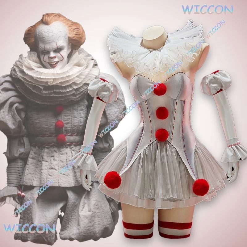 

Movi Pennywise Cosplay Costume Scary Clown Dress Halloween Party Outfit Horror Movie Character Silver Ruffle Jumpsuit Convention