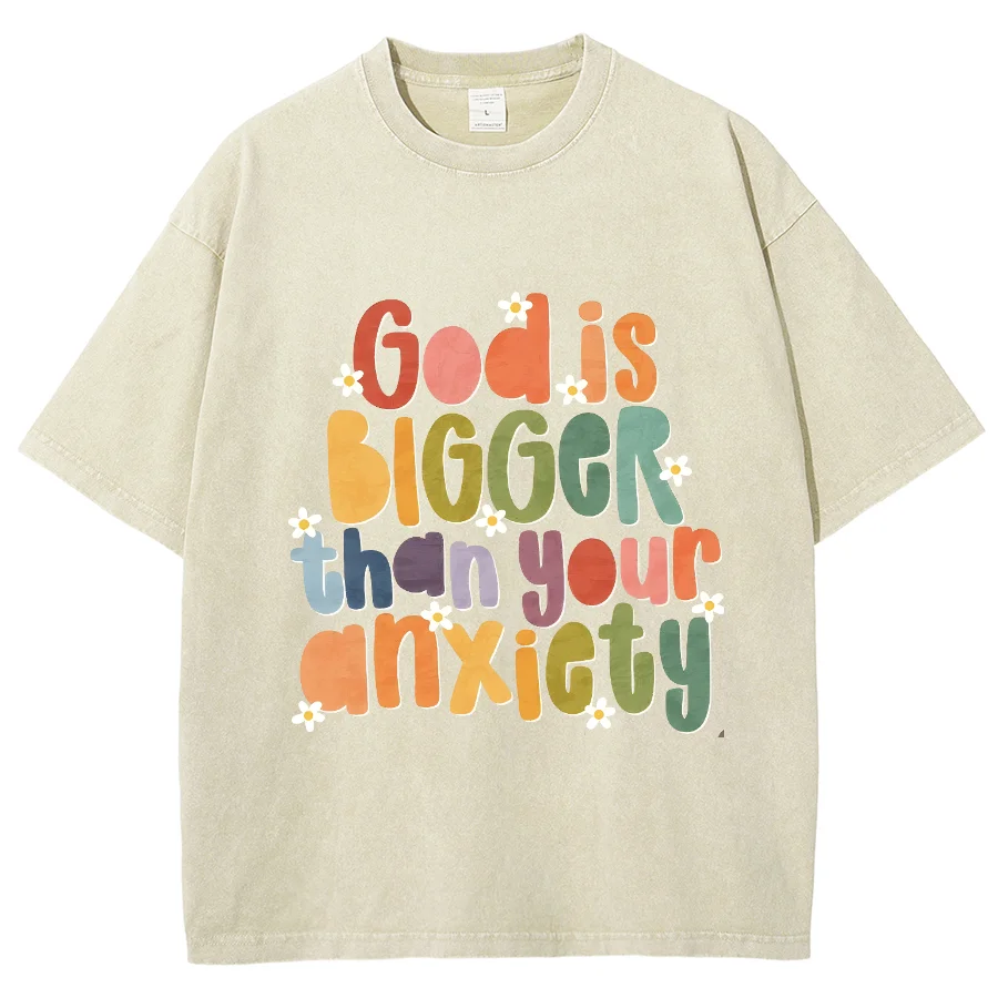 God Is Bigger Than Anxiety Y2K Washed Short Sleeves T-Shirt, Creative Printed Unisex Vintage Streetwear Fashion Plus Size Tops