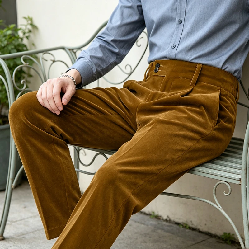 Luxury Men's Velvet Pants High Waist Double Pleat Slim Suit Straight Leg Trousers Business Casual for Formal Wedding Party image 4