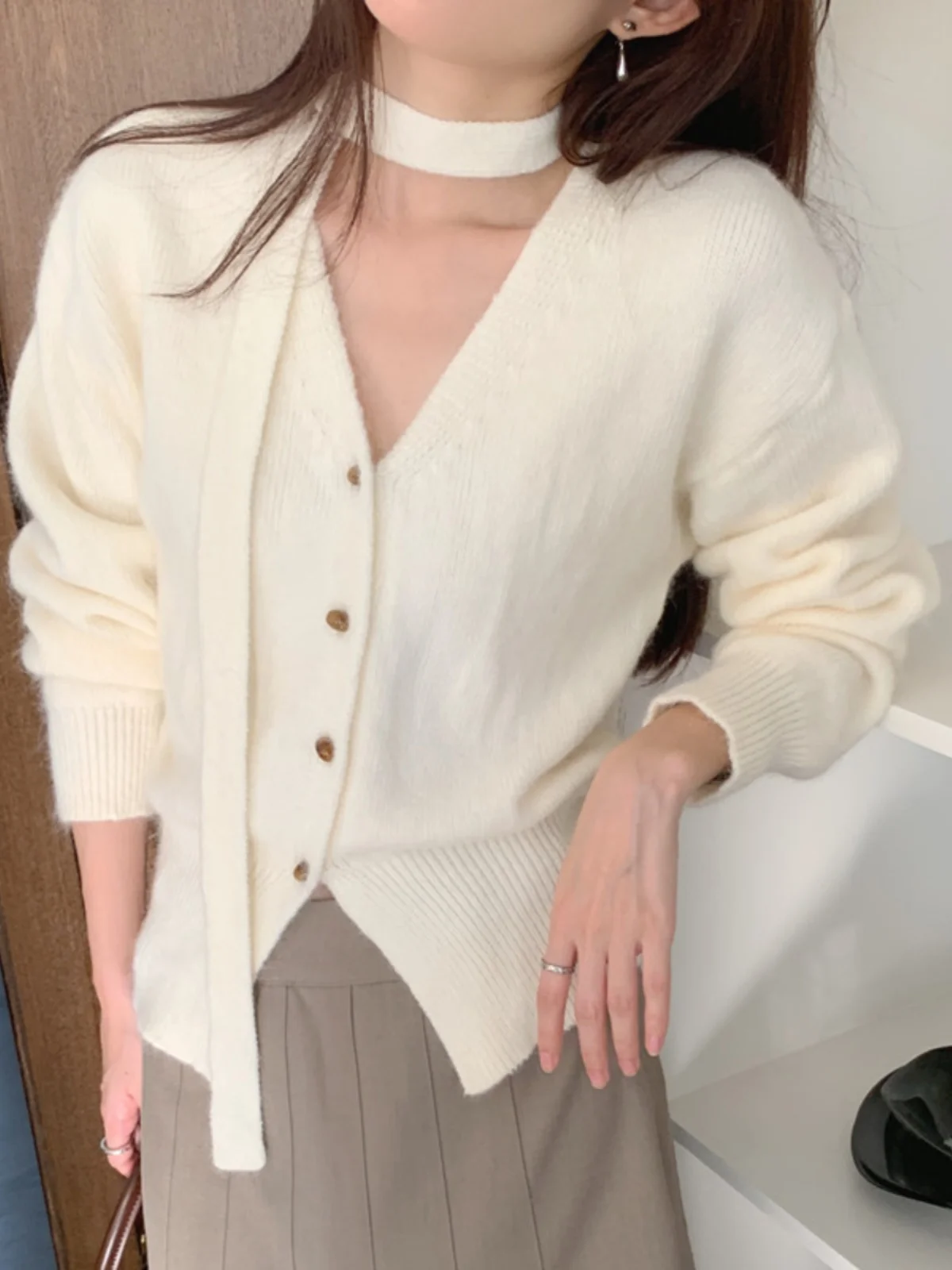 

Ele V-ne Long Sve Knitted Sweater Women's Soft Sa Design Winter Outerwear Comfortable Casual Commute Sle