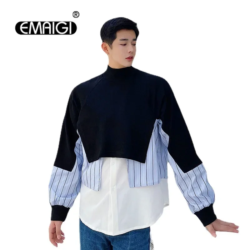 Men's Turtlenneck Splice Stripe Shirt Pullover Sweatshirt Male Streetwear Hip Hop Korean Fashion Long Sleeve Hoodie Menswear