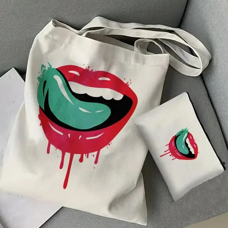 

2 Pcs Falling in Reversve Fashion Ladies Tote Cosmetic Canvas Shoulder Bag Eco-friendly Large Capacity Shopping Bag Wallet Decor