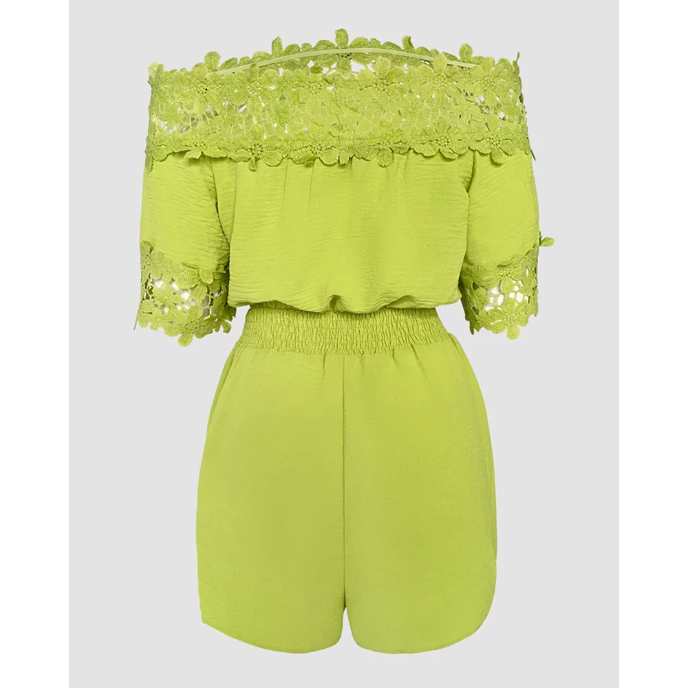 2025 Summer Women's Off Shoulder Floral Dec Short Sleeve Cinch Shirred Waist Jumpsuit Slim Fit Casual Romper With Belt Vacation