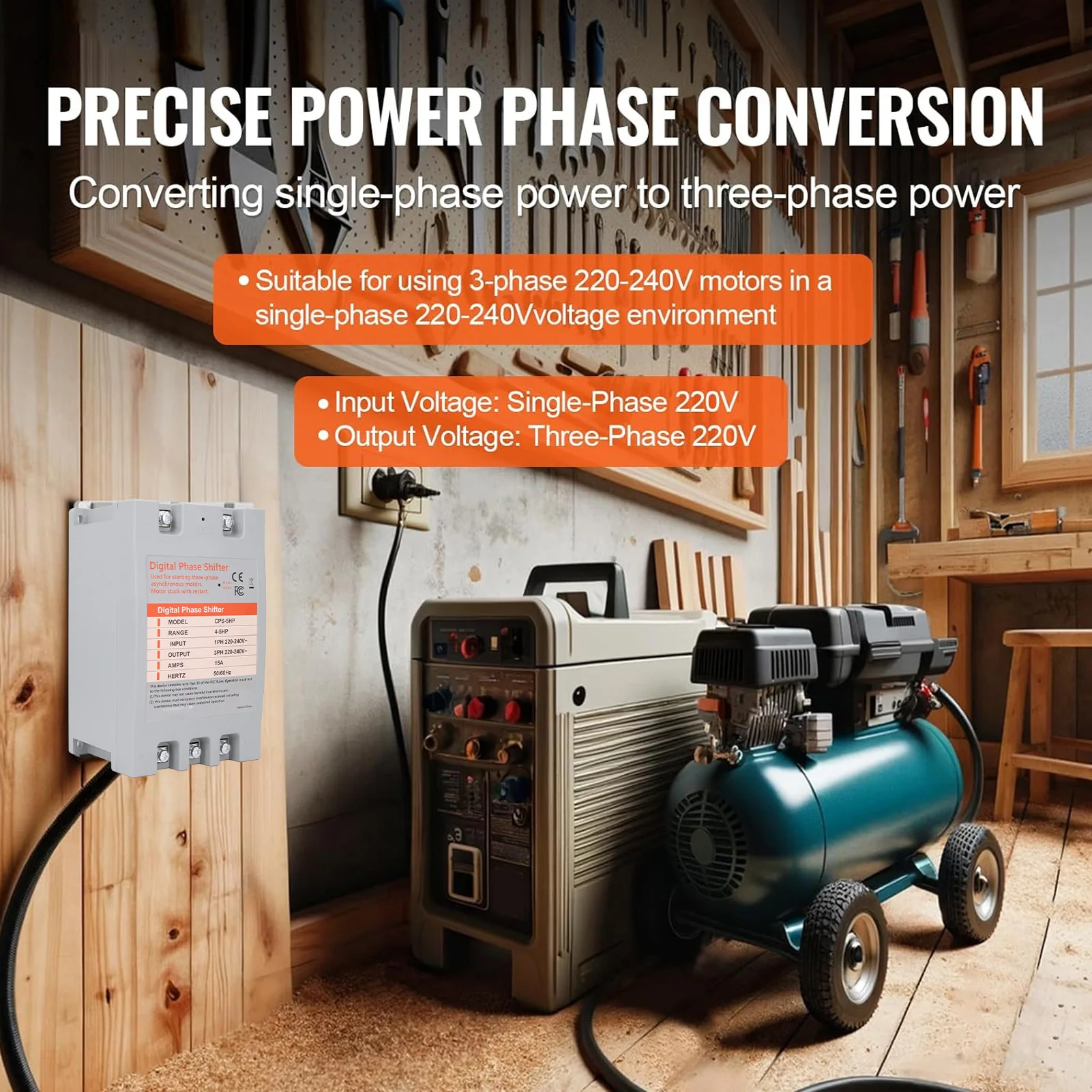 Single to 3 Phase Converter Digital Phase Converter 4 to 5 Horsepower 2.2 to 3.7kw 220‑240VAC Digital Phase Shifter
