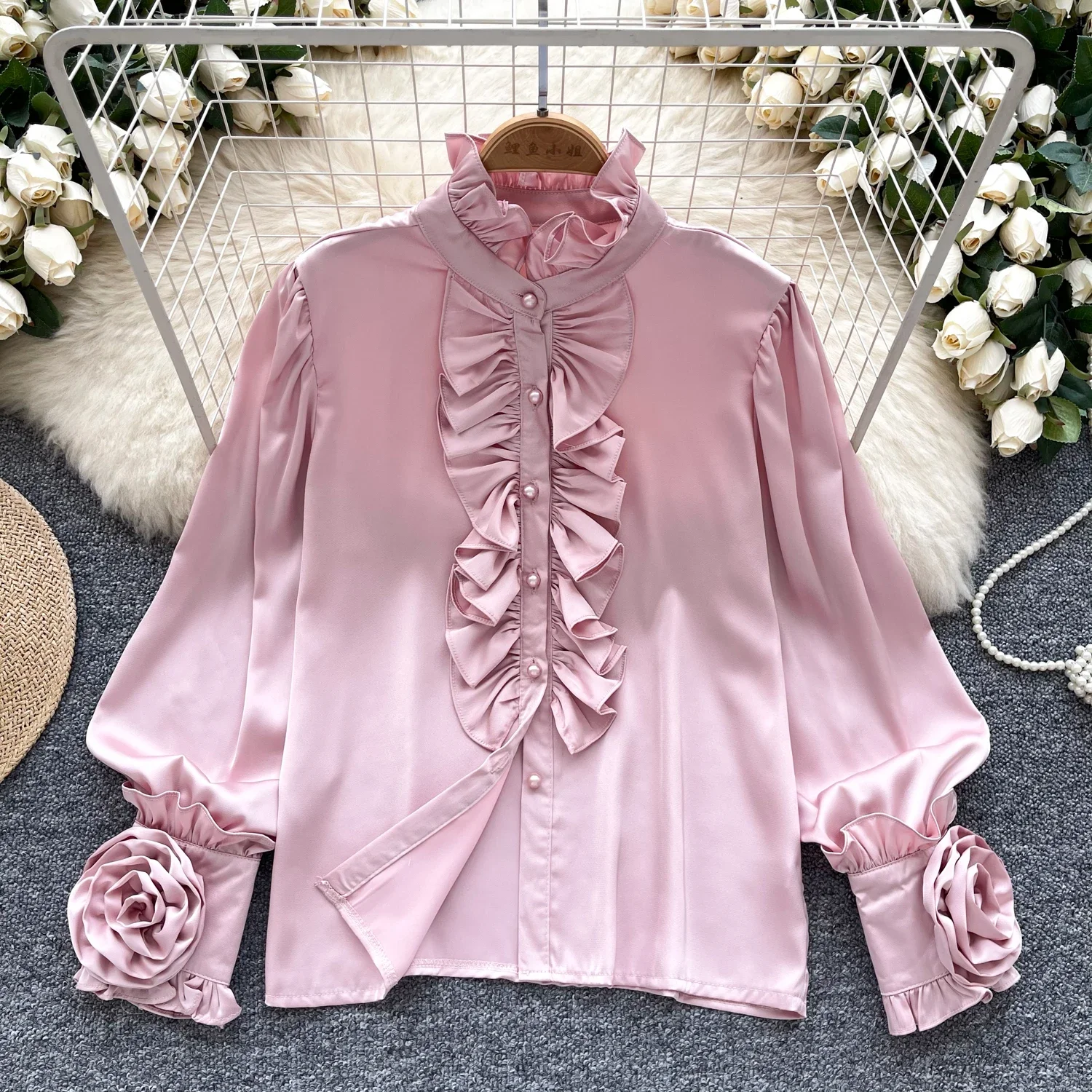 Elegant Three-dimensional Flower Long Sleeve Half High Collar Blouse Chic Korean Fashion Top Women Slim Slim Shirts