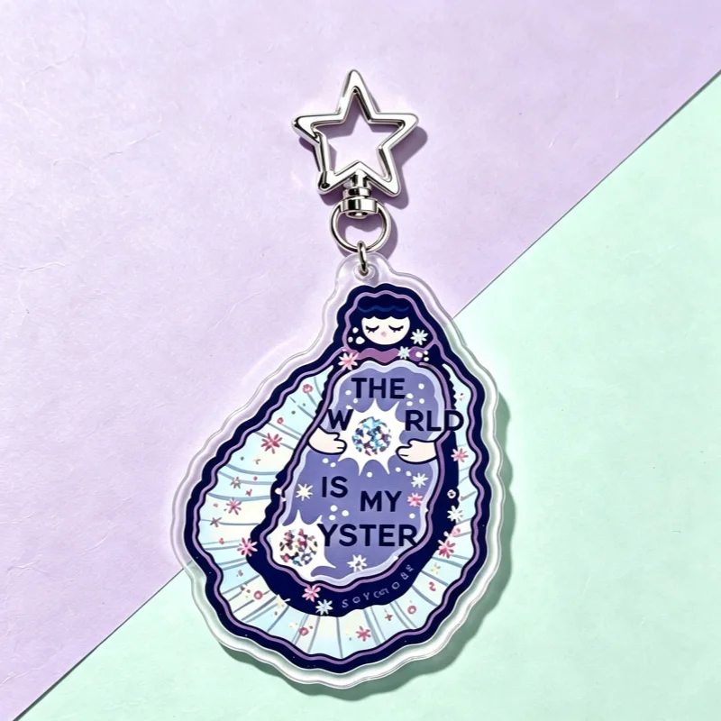Oyster Girl Acrylic Keychain The World Is My Oysters Keyring Cute Bag Charm Creative Inspirational Quote Gift For Women Girls