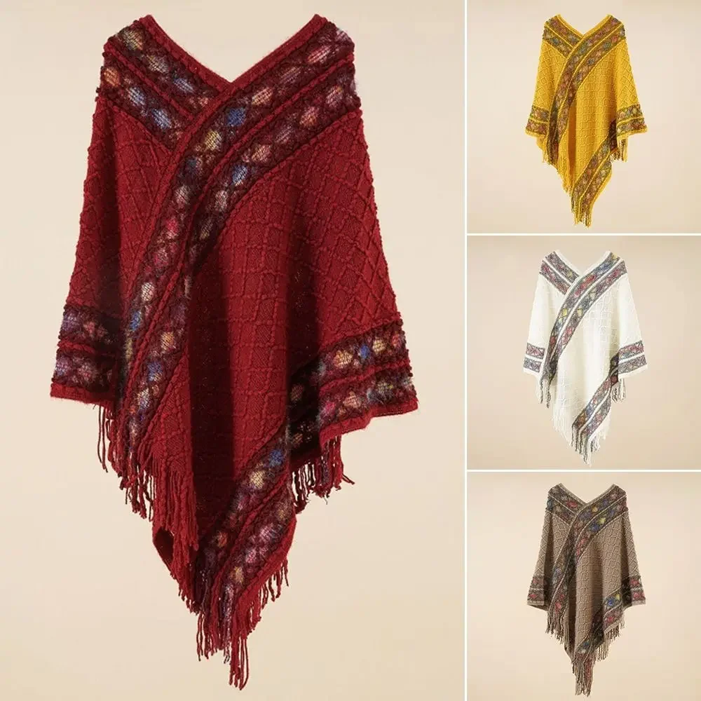 75*95cm Fashion Mongolian Poncho Women\'s Soft Ethnic Style Knitted Cape Rhombic Stripe Tassel Shawl Coat Overlays Knitting Wraps