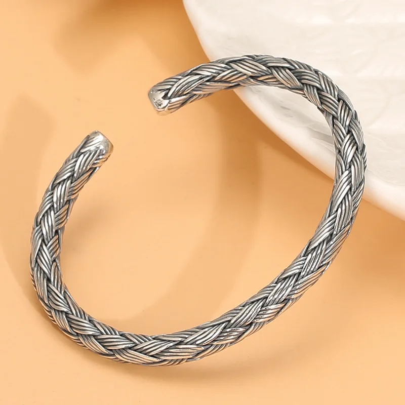 

S925 sterling silver twist braided bracelet thai silver original retro handmade couple open bracelet for men