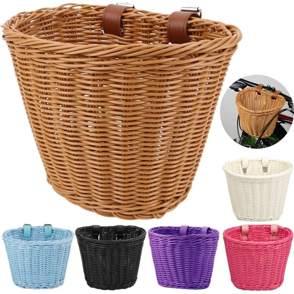 Woven Handmade Bike Basket Adjustable Leather Straps Waterproof Storage Toddler Tiny Tricycle Baskets Brass Buckles Multi-Colors