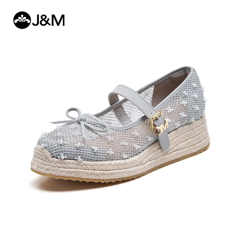 

2026 J&M Women Wedges 5cm Fashion Spring Summer Mary Jane Shoes White Mesh Breathable Fisherman Shoes Espadrilles Casual Shoes