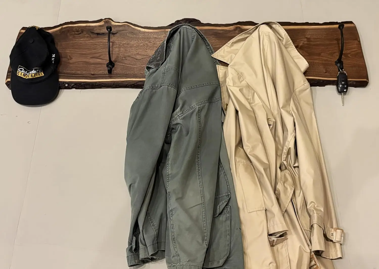 Handcrafted Exquisite, Rustic, Unique, Full of Character Black Walnut Live Edge Coat/Hat/Leashes/Key Hanger/Rack with 5 Wrought