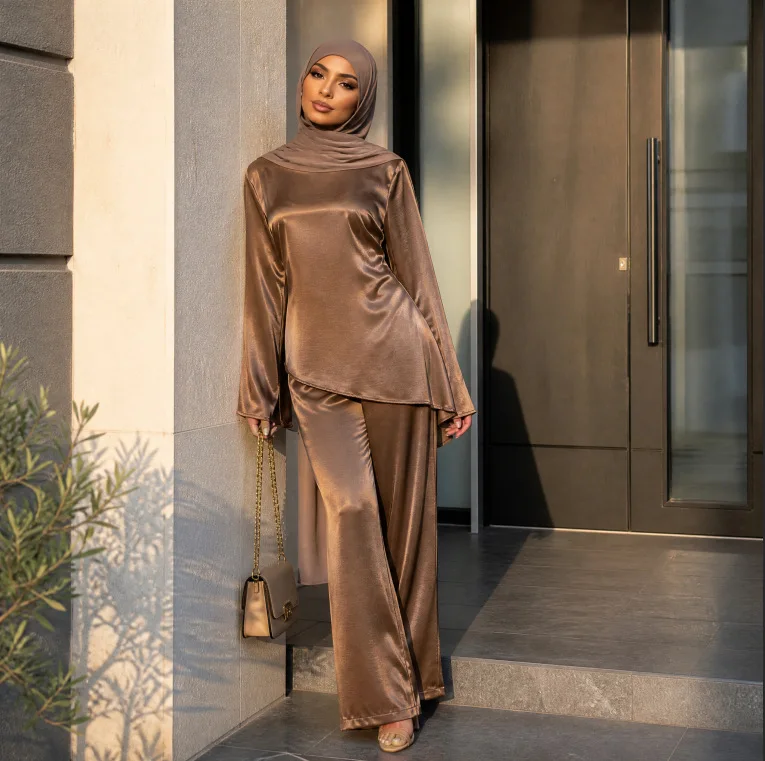 Women Blouse Wide Leg Pants 2 Piece Set Eid Muslim Suit Top Trousers Ramadan Morocco Lace Up Outfits Dubai Islam Casual Ensemble