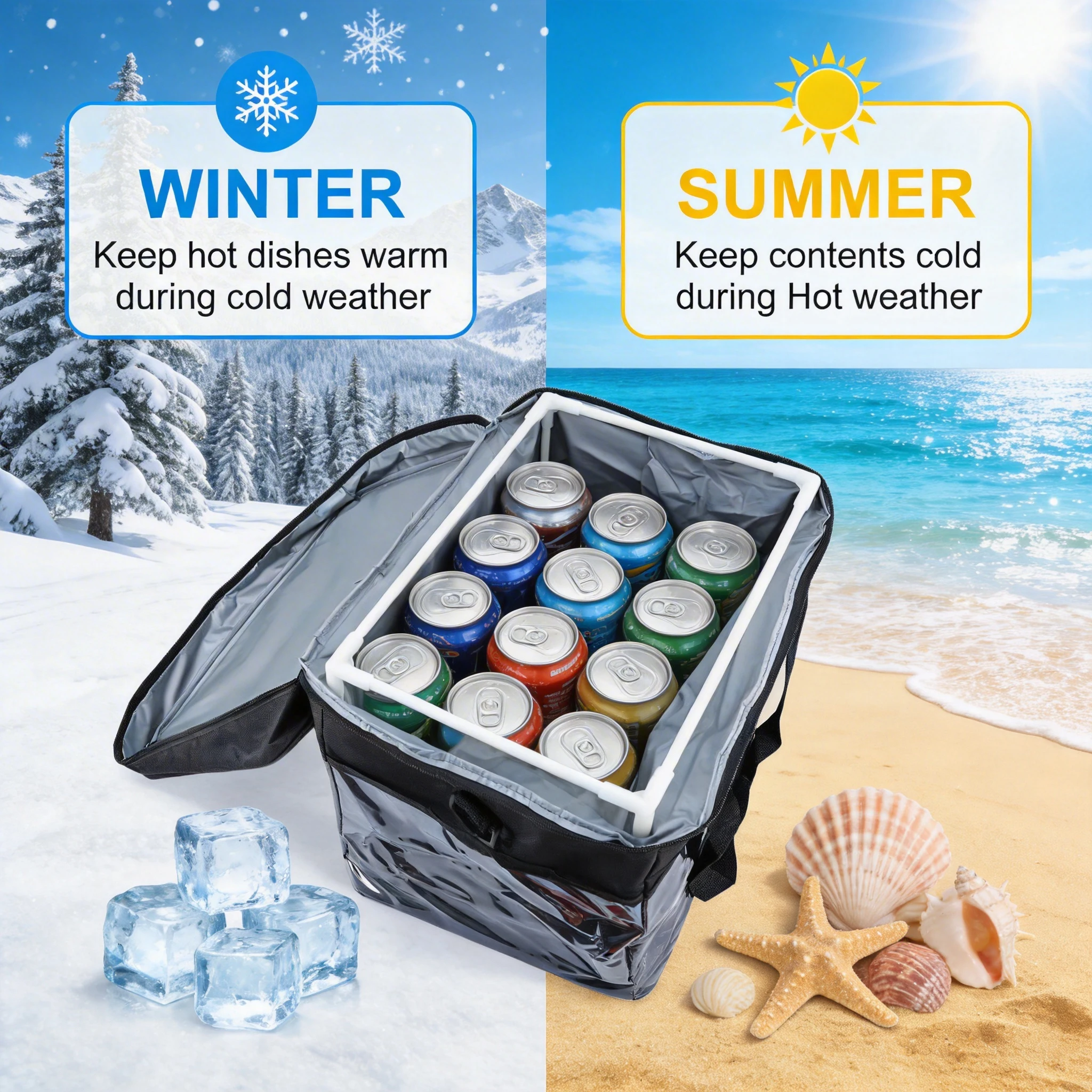 30L Kühltasche, Schwarz, für Reisen, Camping, tragbare Picknicktasche, Kühler und Wärmer für Lebensmittel und Getränke, wasserdichte Organizer-Tasche mit 2 Verwendungsmöglichkeiten