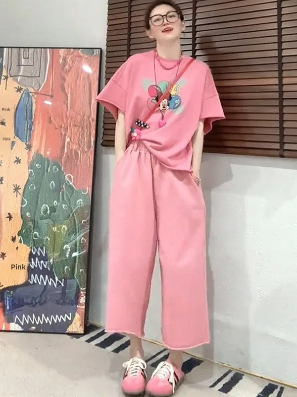 

plus Size Women's Korean Style Casual Cartoon Print T-Shirt Short Sleeve High Waist Nine-Piece Pants Set Summer Fashion