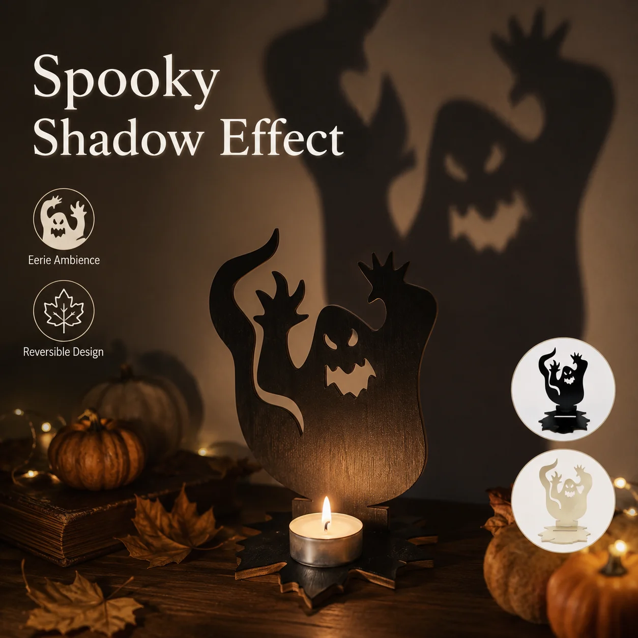 Reversible Halloween Wooden Ghost Tea Light Candle Holder