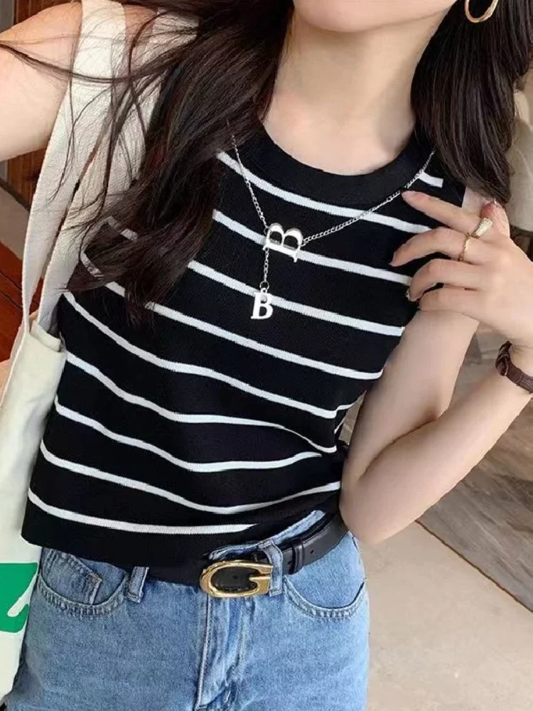 2026 New Basic Bottoming Striped Chain Elasticity Vests Women Tank & Camis Autumn Winter Wild Crop Short Tops
