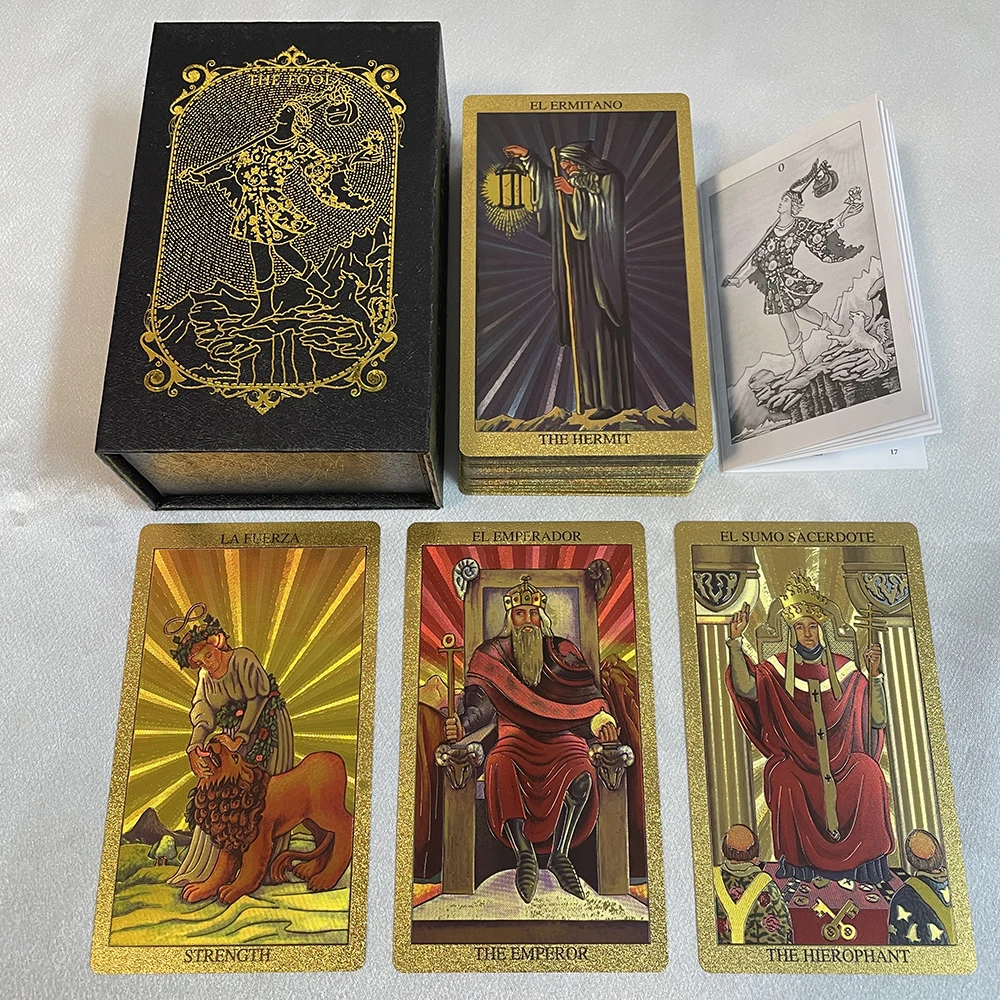 

Spanish Gold Foil Tarot Cards in Box 12x7cm Divination Deck for Beginners with 2 Languages Paper Guidebook Toro Taro