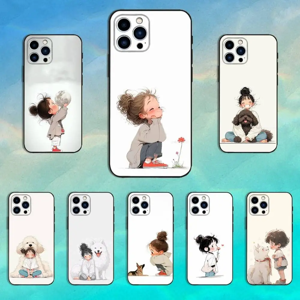 حافظة هاتف على شكل كلب كرتوني لطيف لهاتف آيفون 16,15,14,13,12,11 Plus,Pro Max,XS,X,XR,SE,Mini,8,7,غطاء أسود من السيليكون الناعم