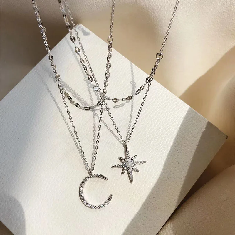 Hot Sale 925 Sterling Silver Star Double Layer Necklace Charm Moon Pendant Choker For Women Birthday Gift Beautiful Accessories