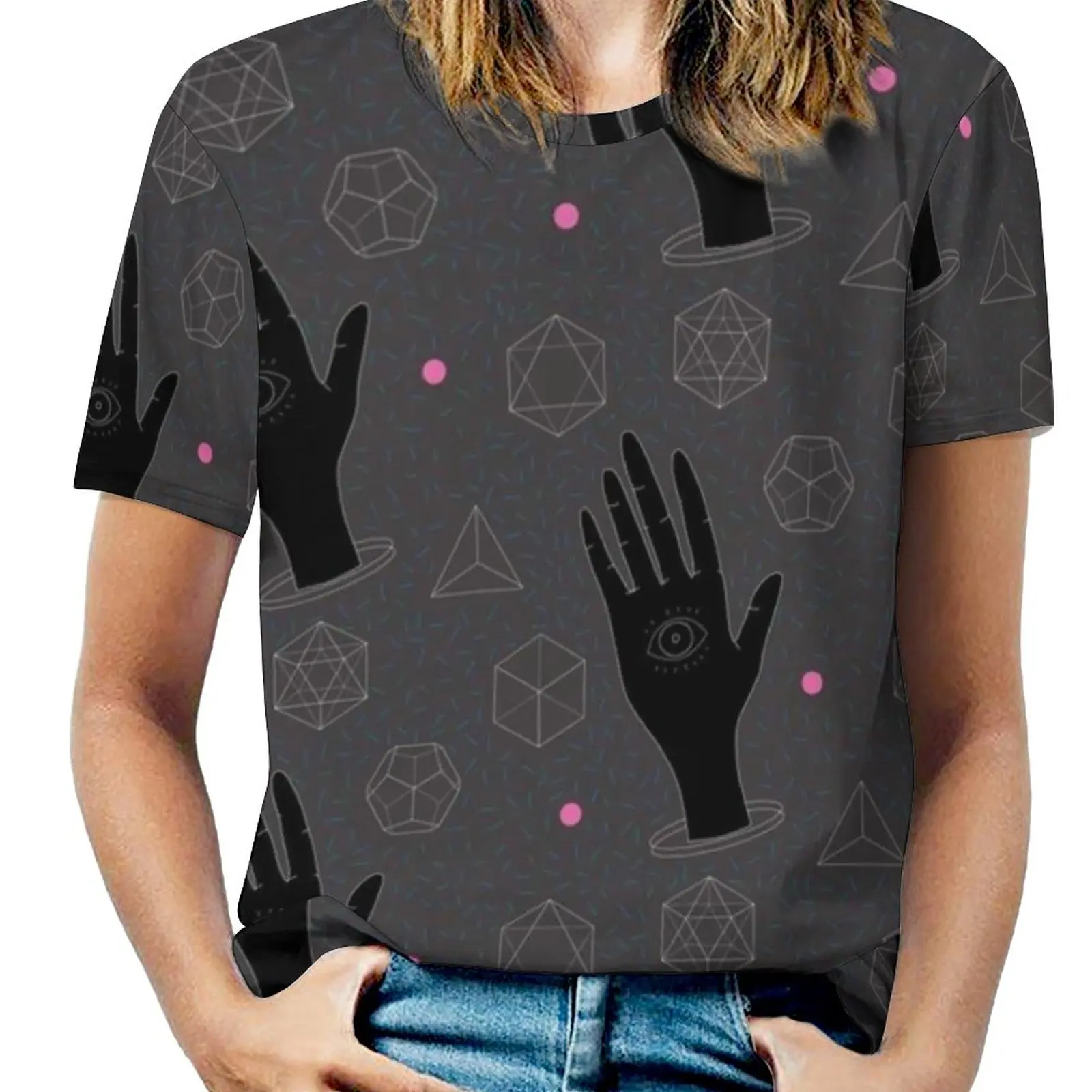 Sacred Geometry Women T-Shirt Crewneck Casual Short Sleeve Tops Summer Tees Sacred Geometric Dark Elements Memphis Grunge Evil