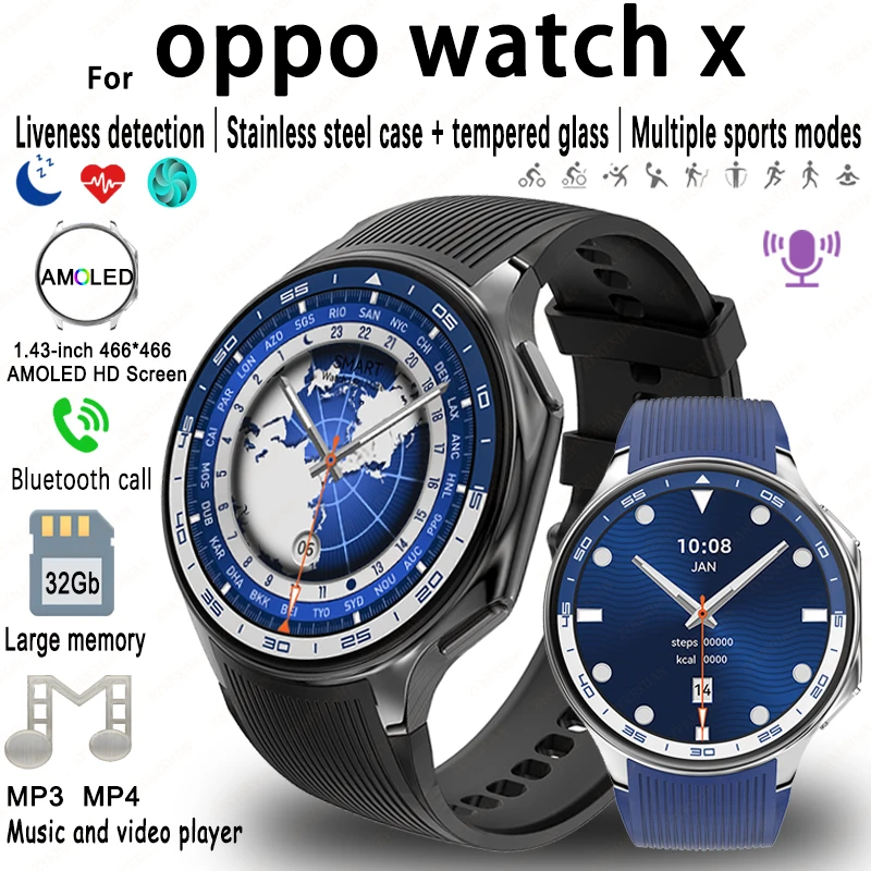 

2024 Новинка для OPPO Watch X Смарт-часы 32 ГБ Память Музыка Видео Bluetooth Вызов IP68 Водонепроницаемые умные часы AMOLED для наушников TWS