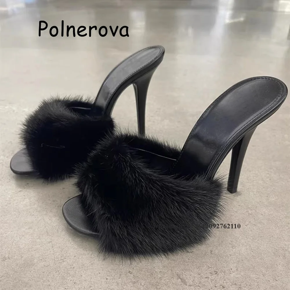 

Pointy Fur Thin High Heels Slippers Women Summer Elegant Sexy Ladies White Outfit Fluff Shoes Party Casual Soft Dress Slippers