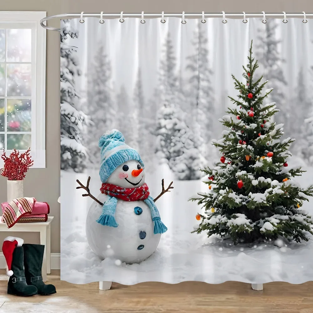 Christmas Snowman Shower Curtain Christmas Tree Winter Snow Christmas Gift Polyester Shower Curtains Bathroom Decor with Hooks