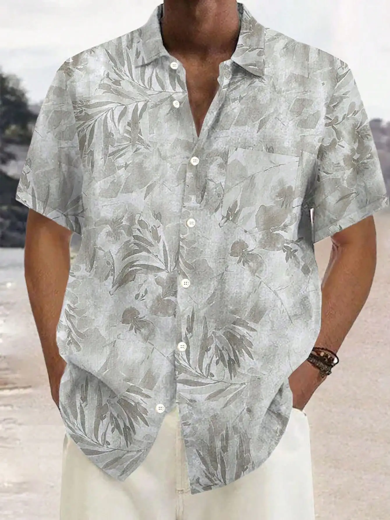 

Men's Hawaiian Floral Leaf Print Short Sleeve Button Up Casual Shirt