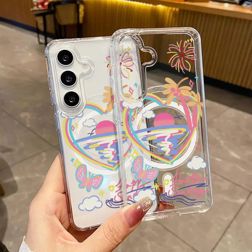 Magnetic Phone Case for Samsung Galaxy A57 A56 A54 A37 A36 A35 5G A07 A06 A15 A16 4G Cases rainbow heart beach with palm trees