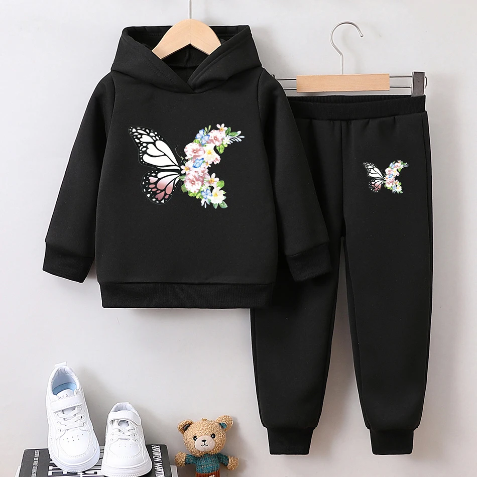 

Girls Hoodie and Plush Lined Long Pants Sets with Butterfly Printed Perfect Blend of Comfortable and Style Suitable Chilly Days