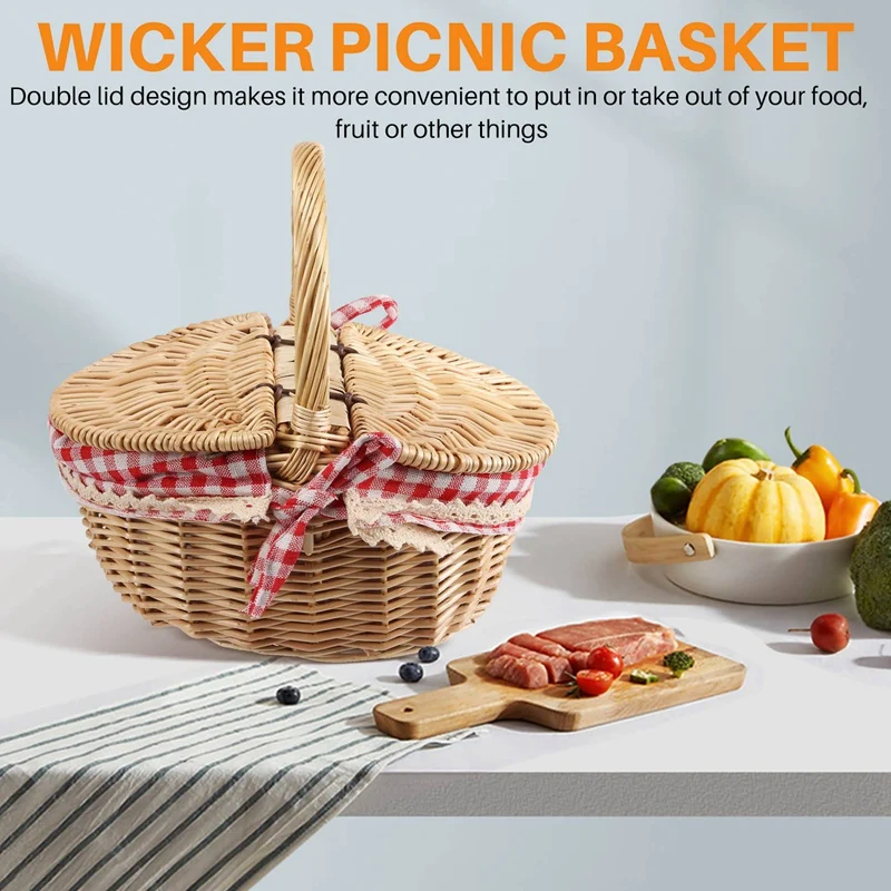 10X Country Style Wicker Picnic Basket Hamper With Lid And Handle & Liners For Picnics, Parties And Bbqs