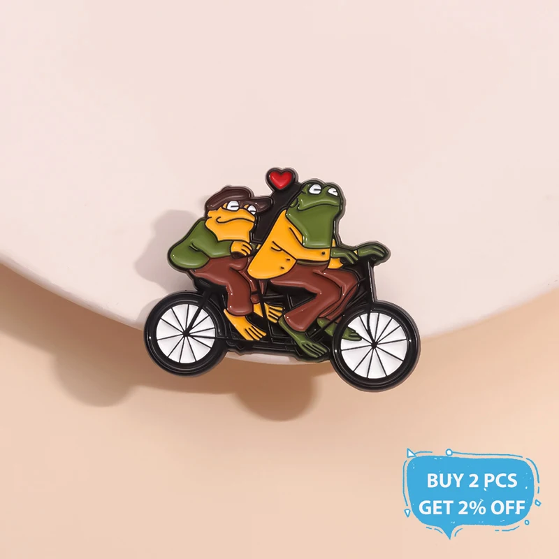 Frog and Toad Go Biking Enamel Pin Cartoon Creative Funny Animal Brooch Lapel Backpack Badge Jewelry Gift For Friends