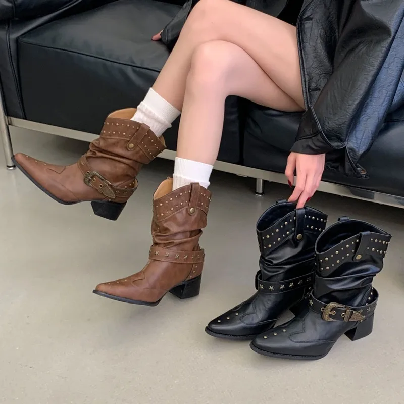 Designer Women's Boots Punk Style Vintage Rivet Belt Buckle Ankle Boots Women High Heels Elegant Western Booties Botas Feminina