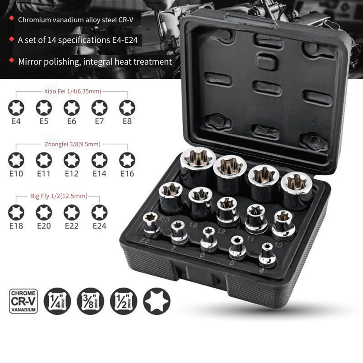 14 Pieces of E-Type Sleeve Bolt Extractor Set is Used for Damaged, Freeze and Rusted Lug Nuts and Screws.