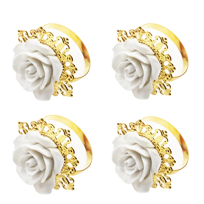 4/6 Pcs/Set, Napkin Ring, Party Party, White Rose DIY Hand-Decorated Gold Ring