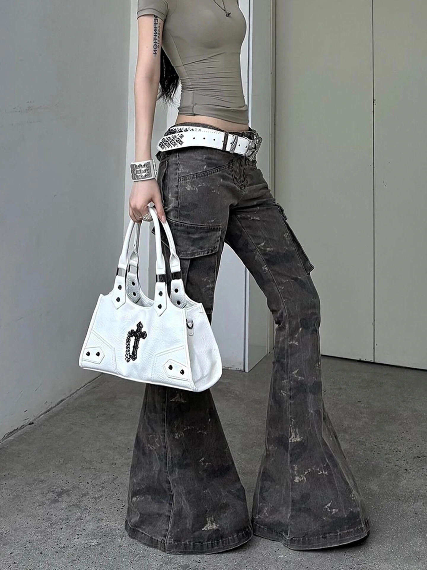 

American High Street Retro Hot Girl Low Waist Washed out Camo Denim Pants Women Summer New Style Casual Wide Leg Long Trousers
